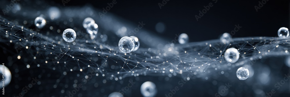 Poster Floating Bubbles Interconnected by Curved Dotted Lines Illustrate a Network of Care, Showcasing the Unity of Diverse Elements in a Digital Landscape