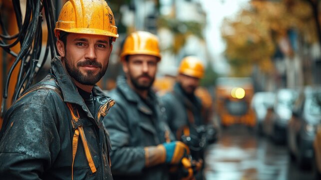 Construction workers in urban environment during rainy day providing essential infrastructure maintenance