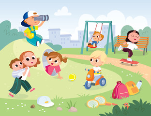 Children playing in the park. Playground with kids. Group of kids playing on playground spending time in games, having fun, fooling around  kids swinging. Summer activities. School yard. Summer camp.