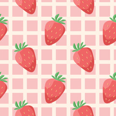 Summer seamless pattern with strawberries on checkered background. Vector ornament with illustration of ripe red berries.