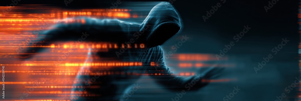 Poster Silhouette of a Hacker With Glowing Data Streams Emanating From a Screen in a Dark Environment, Suggesting High-Tech Cyber Activities at Night