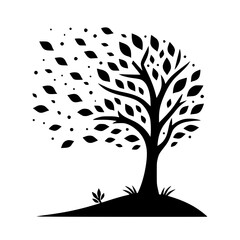 Minimalist Tree with Falling Leaves Silhouette – Black SVG Clipart Icon