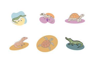 Set of reptile animals hand drawn vector. crocodile, turtle, monitor lizard for design for poster  and banner.