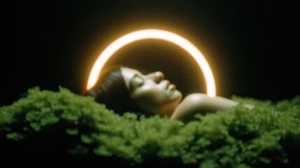 Mystical Woman Resting in Nature with Glowing Circular Halo