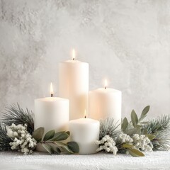Four white pillar candles are lit, surrounded by green foliage and white berries on a snowy white surface, creating a serene and elegant atmosphere