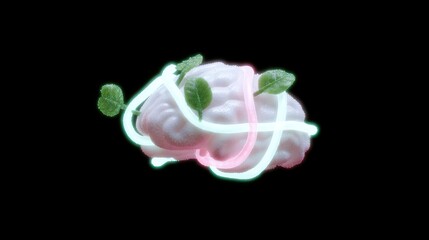 Abstract Brain with Neon Lights and Green Leaves on Black Background