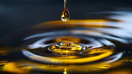 Golden liquid droplet falling onto a surface.