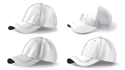 Four blank white baseball caps displayed in different angles.