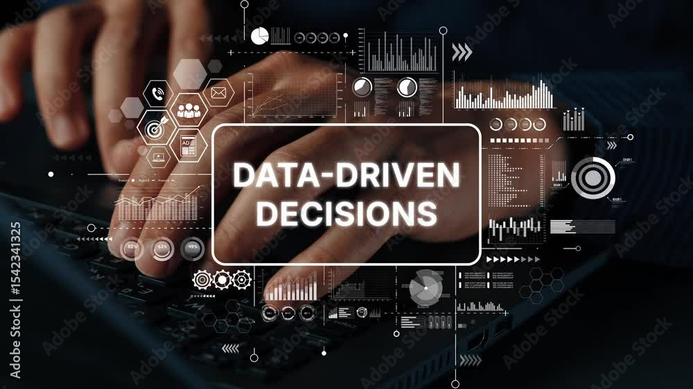 Poster hands typing on laptop keyboard with digital data visualization for data-driven decisions and insigh