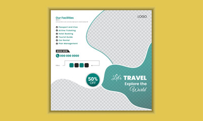 Travel  social media post design template. Web banner, flyer, brochure or poster for travelling agency business offer promotion. Holiday and tour explore the world advertisement poster design.