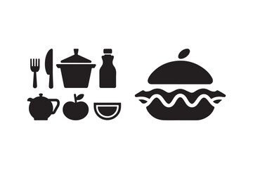 Food Icon Set Kitchen, Cutlery, Drink, Burger, Fruit and Cooking Symbols