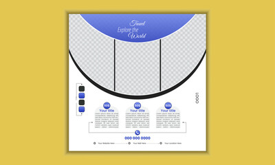 Travel  social media post design template. Web banner, flyer, brochure or poster for travelling agency business offer promotion. Holiday and tour explore the world advertisement poster design.