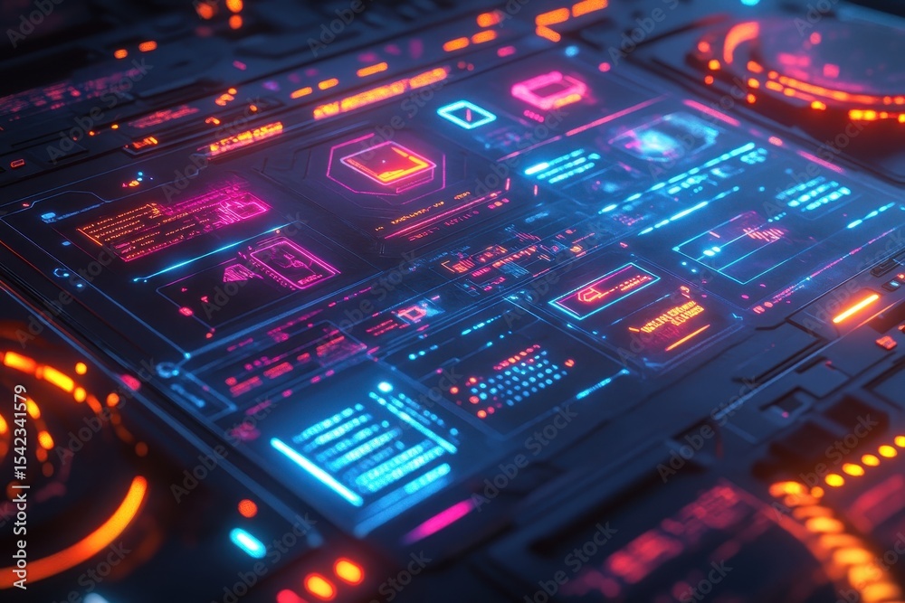 Poster Detailed close up view of futuristic spacecraft console illuminated with blue and orange lights showing various data and warning indicators