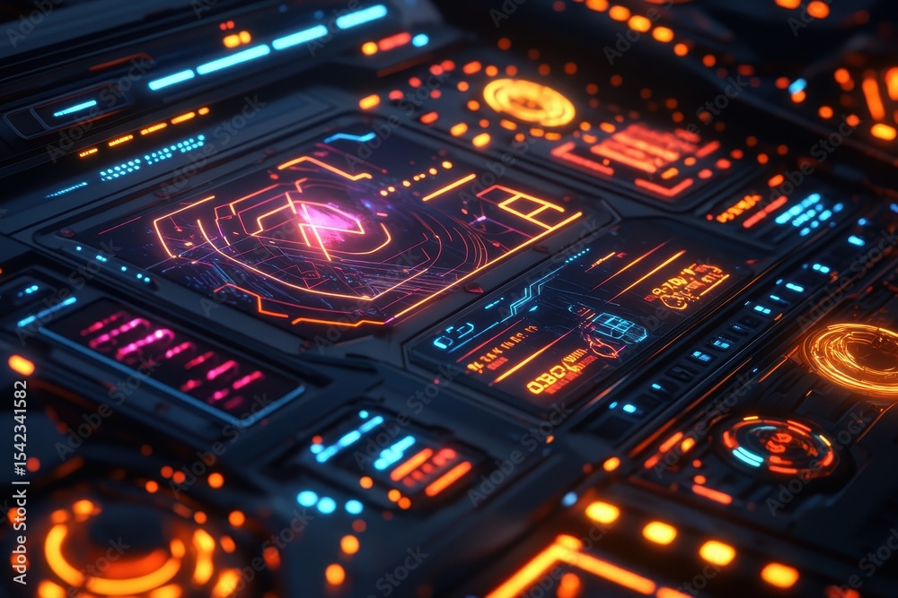 Poster Detailed close up view of futuristic spacecraft console illuminated with blue and orange lights showing various data and warning indicators