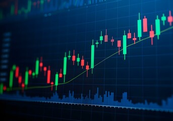 Close-Up of Financial Trading Monitor Showing Uptrend Candlestick Chart with Green and Red Bars

