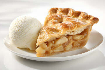 Slice of baked fruit pie served with a side of cold vanilla ice cream on white plate