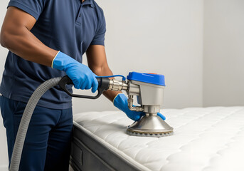 Employee cleaning white mattress with extraction method wearing blue gloves Regular commercial cleanup Side view closeup.
