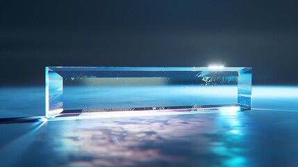 Transparent rectangular prism on a reflective surface.