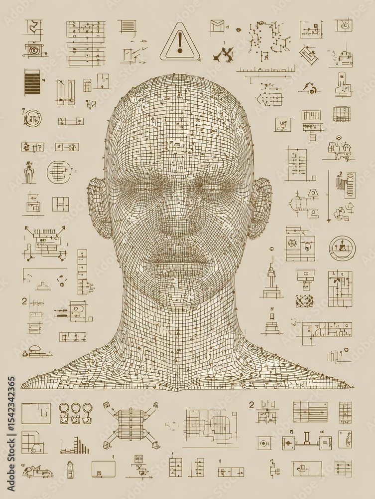 Poster Human Wireframe Design Filled With Warning Icons in Neutral Beige Color Showcasing Various Symbols and Indicators for Digital Environments