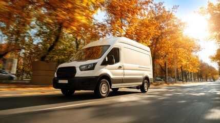 Obraz premium Stunning photo of white van drives along road with trees in background. Sunny day. Fast vehicle. Modern transportation. Delivering cargo package. Fast, efficient transportation.