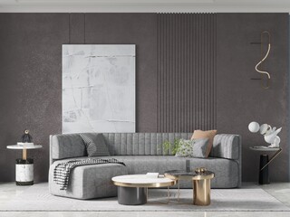 Mock up of a stylish living room with an original design with a wonderful comfortable sofa and a trendy decorative background, 3D rendering.