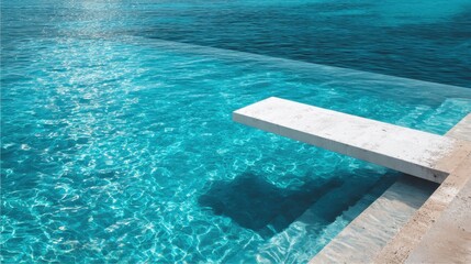 Stunning photo of swimming pool diving board with clear turquoise water. Blue sky reflected in water. Outdoor setting with sunlight. Fresh style. White diving board. Luxurious.
