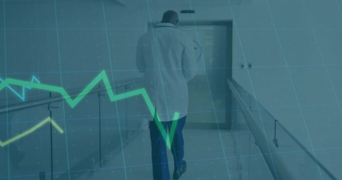 Doctor walking into hospital corridor toward door while animated line graphs moving across scene