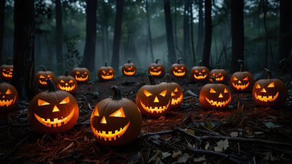 A circle of pumpkins with terrifying faces performing a ritual in the woods, their flames forming ghostly shapes in the air'.