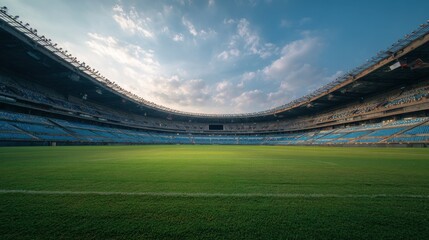 Stunning photo of panoramic view of soccer stadium with empty seats on rich green grass. Concrete stadium stands tall outdoors. Stadium seats row after row for large crowd.