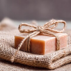 A handmade soap bar tied with rustic twine sits on folded burlap, creating a natural and eco-friendly presentation