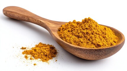 Stunning photo of organic curcuma powder in wooden spoon isolated white background. Culinary spice ingredient, yellow color, flavor, cooking, healthy eating, herbal medicine.