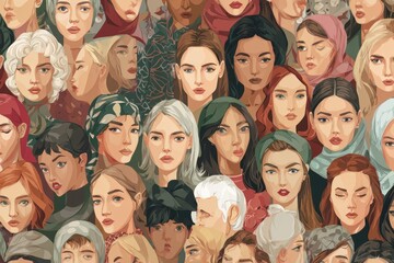 Women in seamless pattern illustration celebrating feminism and diversity through a vibrant collection of facial expressions and styles, showcasing strength and unity among women