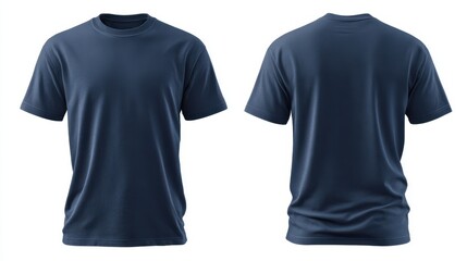 Stunning photo of navy blue t-shirt mockup. Design template for print. Clean front, back view on white background. Apparel textile clothing for casual attire or activewear.