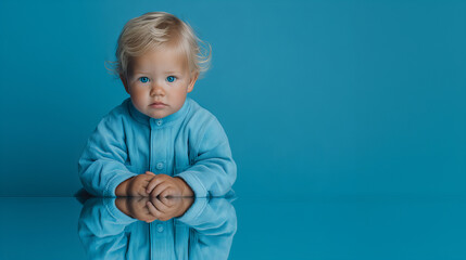 Serious Toddler with Blond Curly Hair in Blue Onesie Reflected on Blue Surface