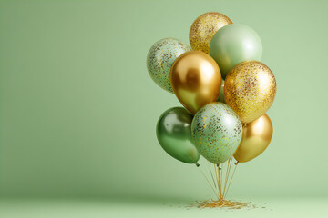 Glossy Gold and Sage Green Balloons with Confetti on Sage Green Background