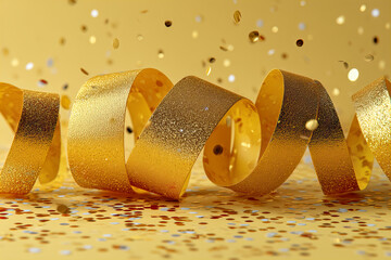Swirling Gold Glitter Ribbon and Confetti on Yellow Background