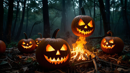 A circle of pumpkins with terrifying faces performing a ritual in the woods, their flames forming ghostly shapes in the air'.