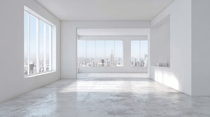Obraz premium Stunning photo of minimalist white building interior design, empty space with polished concrete floor. Modern architecture, simple design, perfect for mockup. Office room with.
