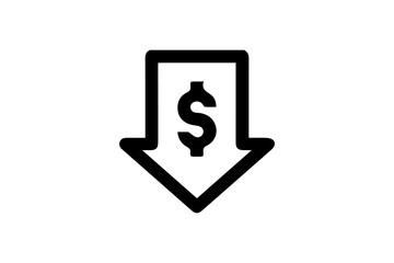 The image is a black and white vector icon depicting a downward-pointing arrow with a dollar sign ($) inside it.