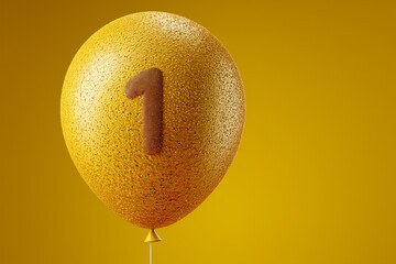 Gold Glitter Balloon with Number One on Yellow Background