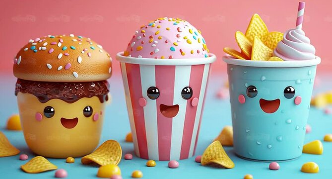 Fun and colorful American and Fast food in kawaii style. Smiling and friendly hamburguers, hot-dog, pizza, soda and more.	