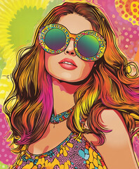 1960's pop art Fashion portrait of a model  hippy girl in sunglasses. Poster or flyer in trendy retro colors