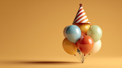 Pastel Balloons and Party Hat on Orange Background