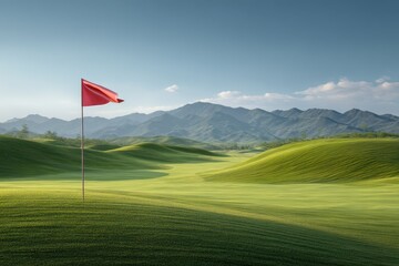 Beautiful golf course setting with a red flag indicating the hole against a backdrop of rolling hills and clear skies at midday