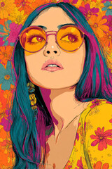 1960's pop art Fashion portrait of a model  hippy girl in sunglasses. Poster or flyer in trendy retro colors