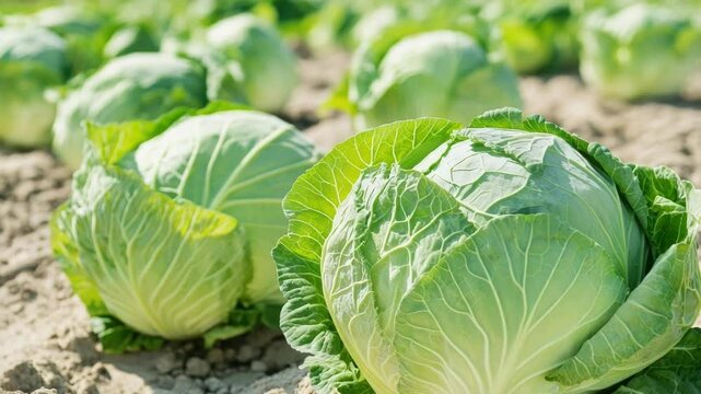 A group of cabbages are sitting on the surface of a green field