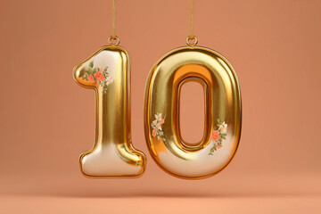 Gold and Off White Floral Number Ten Balloons on Peach Background