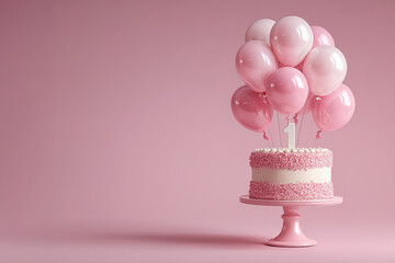 Pink First Birthday Cake with Balloons on Pink Background