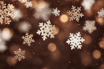 Snowflakes gently falling amidst shimmering golden lights on a warm brown background, creating a festive atmosphere filled with winter charm and holiday joy