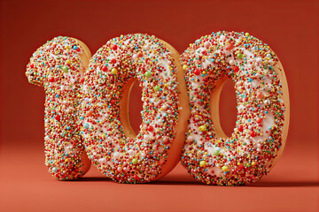 Colorful Sprinkles Cookie Number 100 on Orange Background